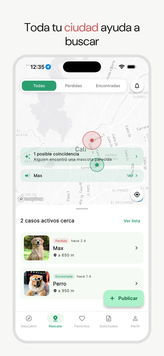 Mapa comunitario de Munay Rescate con mascotas perdidas y encontradas cerca del usuario