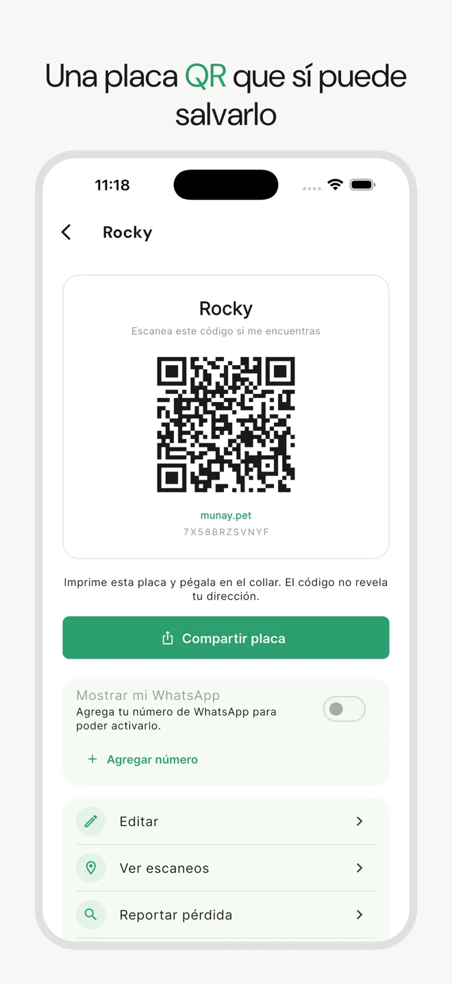 Placa QR imprimible de Munay para el collar de una mascota, que notifica al dueño dónde fue escaneada