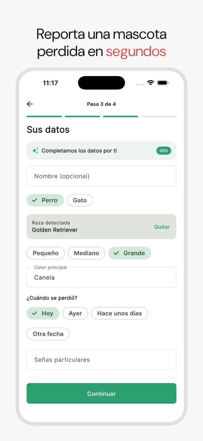Formulario para reportar una mascota perdida en Munay, con datos autocompletados por IA a partir de una foto